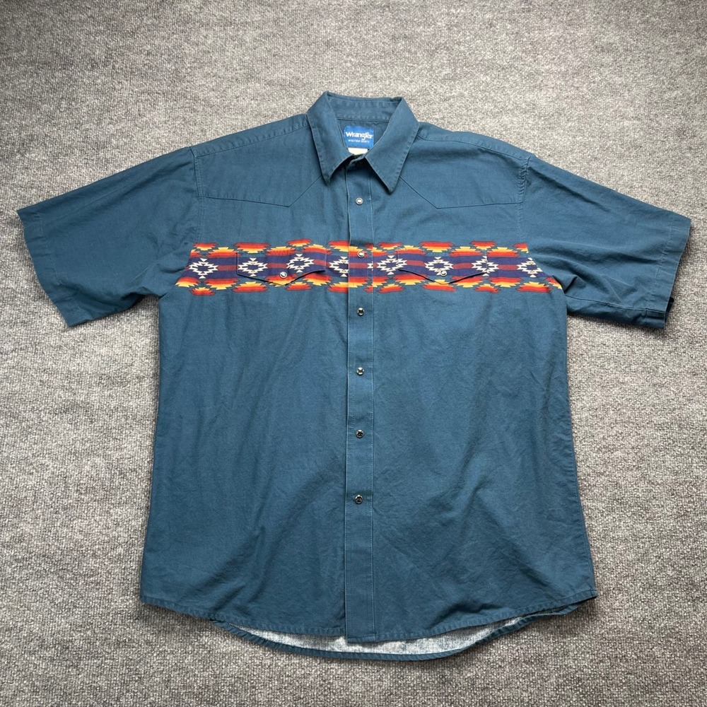 Wrangler Western Shirt Mens XL Blue Aztec Southwestern Pearl Snap Short Sleeve